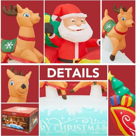 10 FT Santa Sleigh with Reindeer Christmas Inflatables Outdoor Decorations